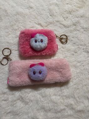 Korean Artist Handmade Plush Pink Cosmetic Pouch with Cute Pom Accent